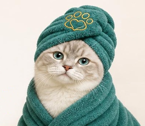 Cat with teal towel after grooming