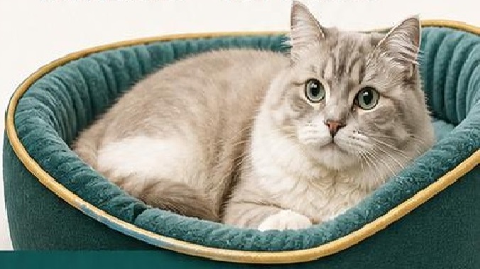 Cat relaxing in teal bed