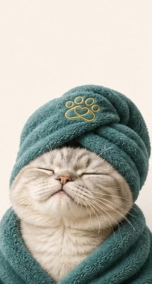 Blissful cat in teal towel spa