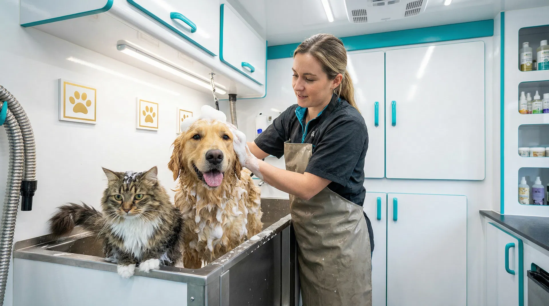 Happy dog and cat being groomed in mobile van